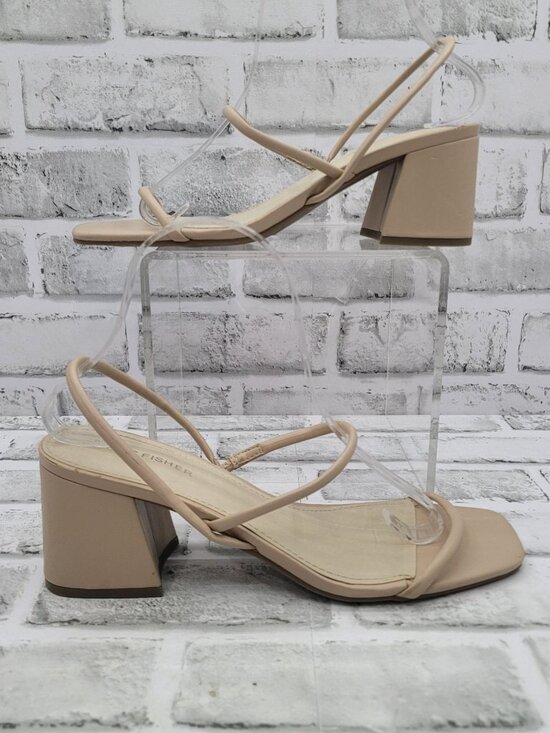 Marc Fisher Galvin Nude Tan Chunky Block Heel Strappy Minimalist Size 8.5- READ - Picture 2 of 8